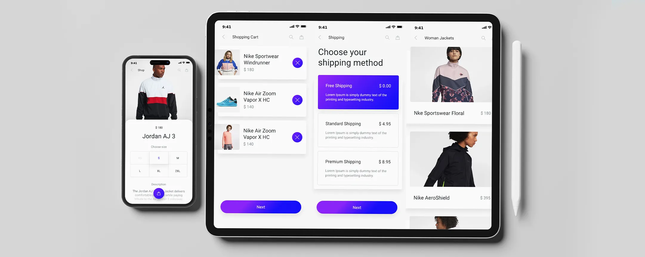 A sleek e-commerce app UI displayed on a smartphone and tablet